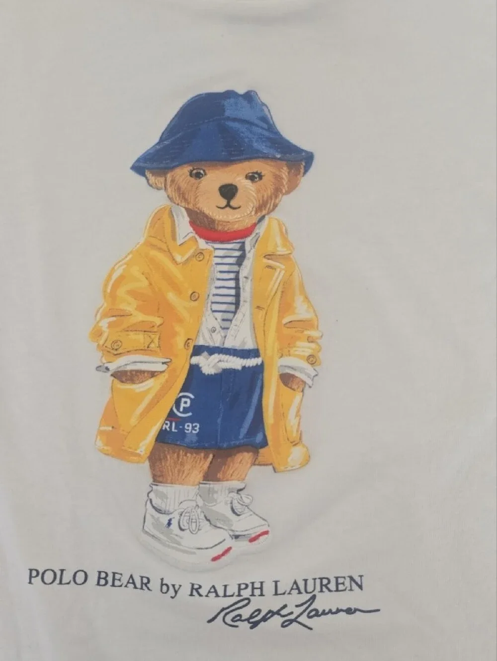 Ralph Lauren White Tee with Polo Bear in Yellow Raincoat and Blue Hat